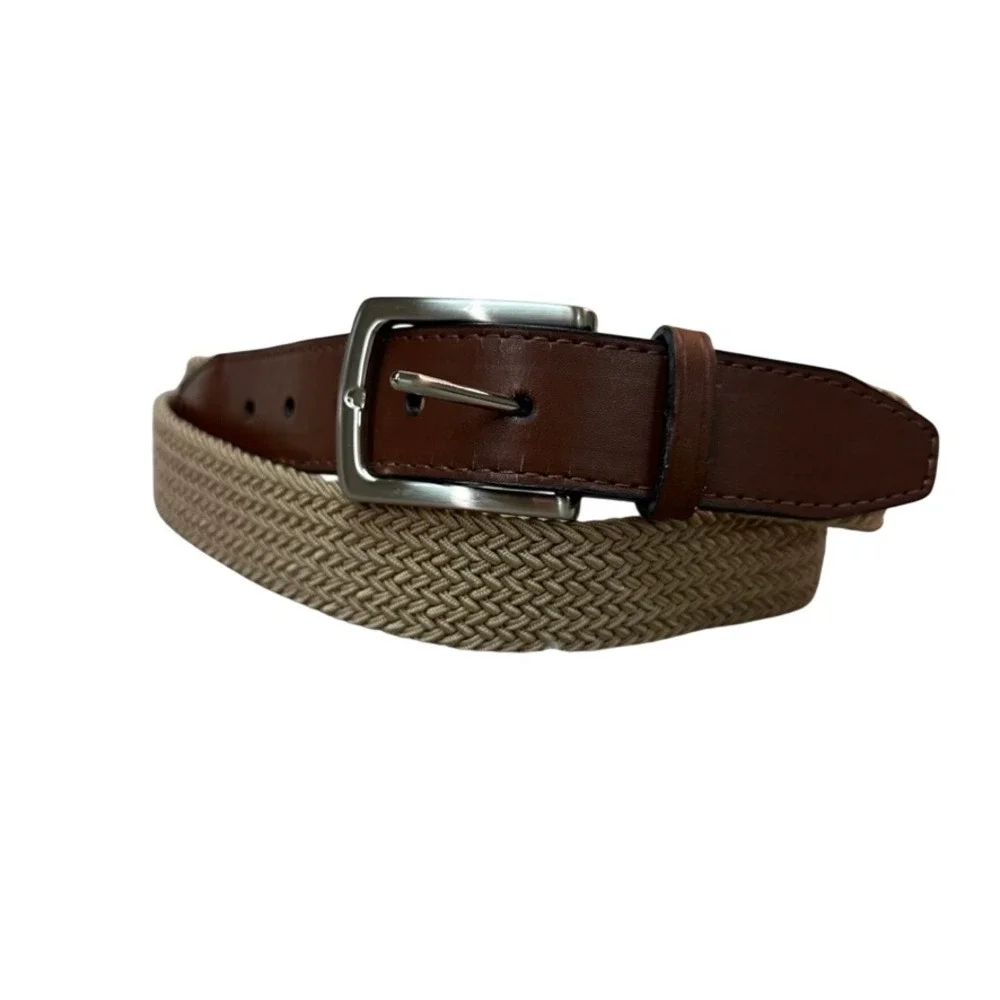 AFD Mens Woven Stretch Belt Tan Brown Bonded Leather Braided Size 42 105cm